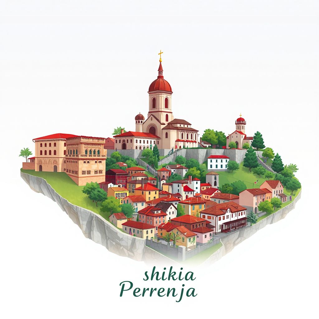 Ultra-high-definition gradient illustration style Bashkia e Perrenjasit illustration, showing the unique charm of the Church of St. Mary, the historic old town, and Tavë Kosi.