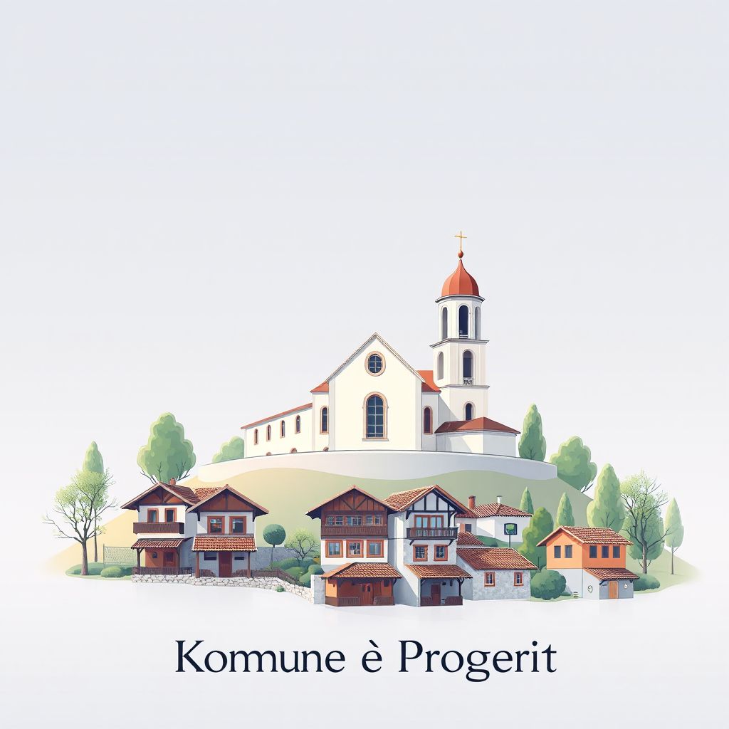 Ultra-high-definition gradient illustration style Komuna e Progerit illustration, showing the unique charm of the Church of Saint Mary and traditional Albanian village houses.
