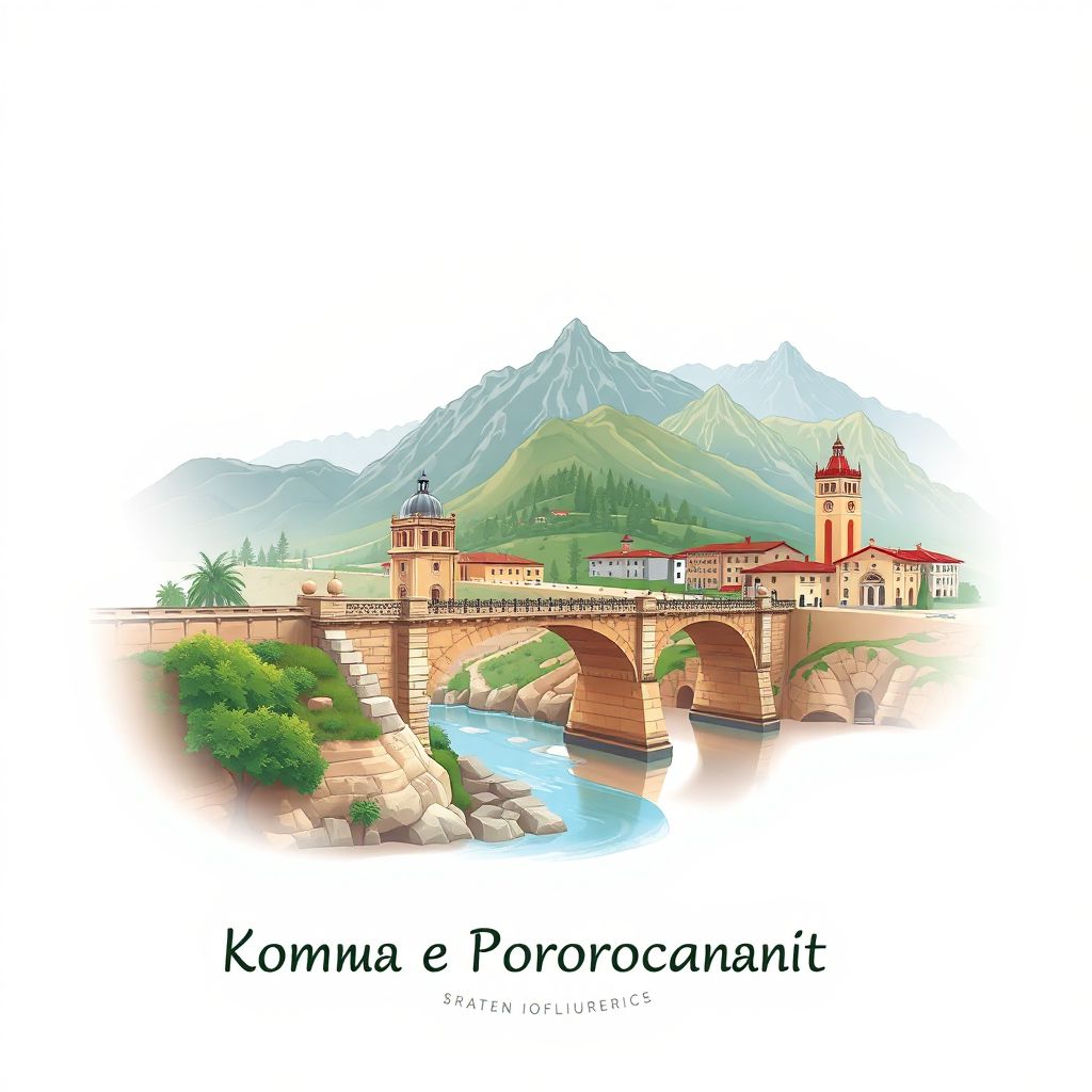 Ultra-high-definition gradient illustration of Komuna e Porocanit, featuring the Porocanit Bridge and mountain landscapes.
