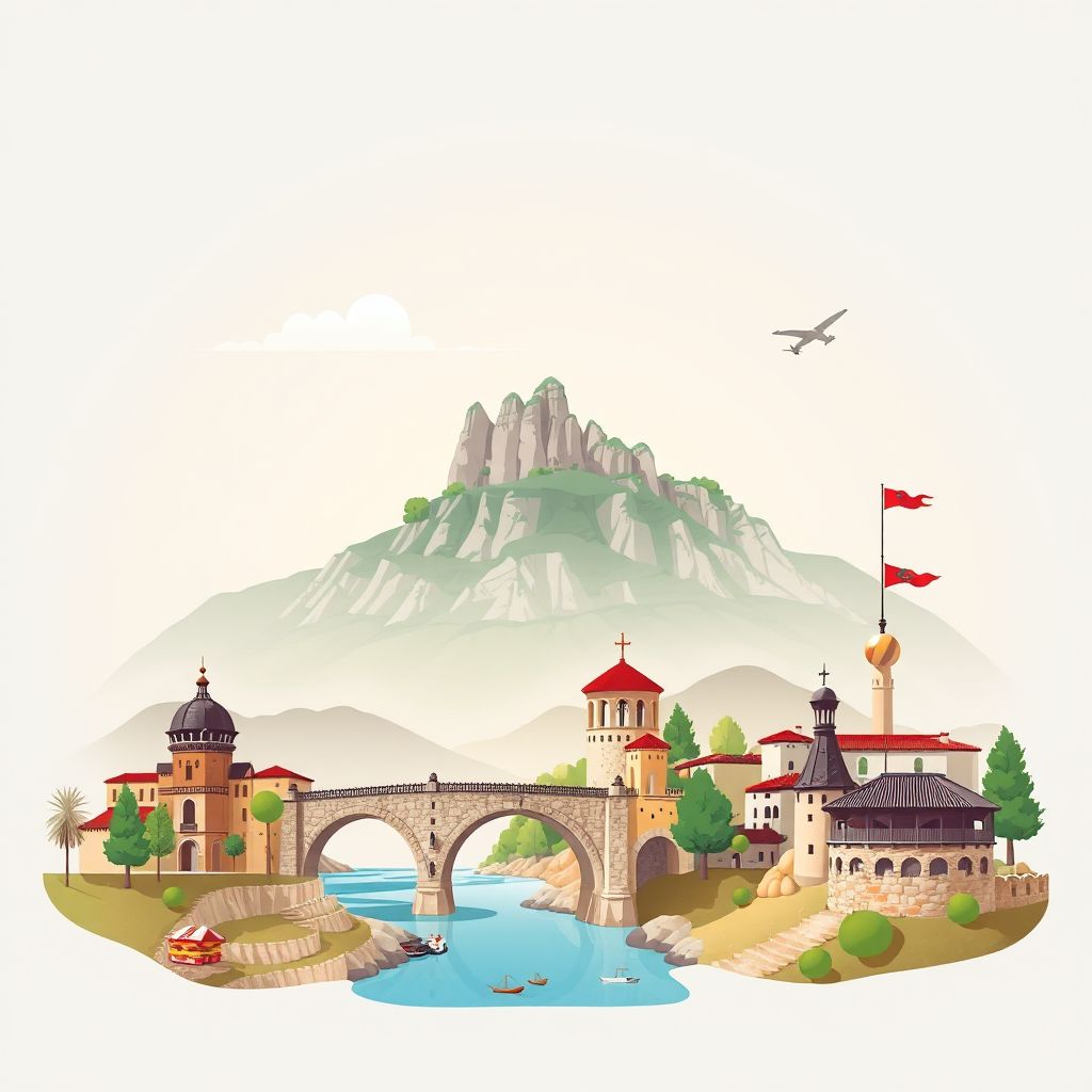 Ultra-high-definition gradient illustration style Bashkia e Policanit illustration, showing the unique charm of the Tomorr National Park, the historic Gorica Bridge, and traditional Albanian cuisine, like Fërgesë.