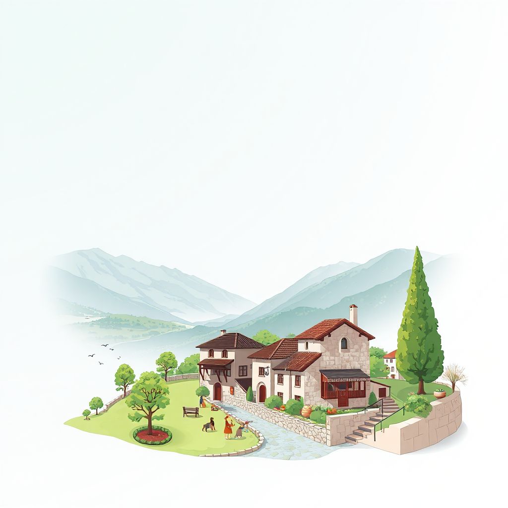 Ultra-high-definition gradient illustration style Komuna e Pogonit illustration, showing the unique charm of traditional stone houses, the Drino Valley, and Fëgesë.