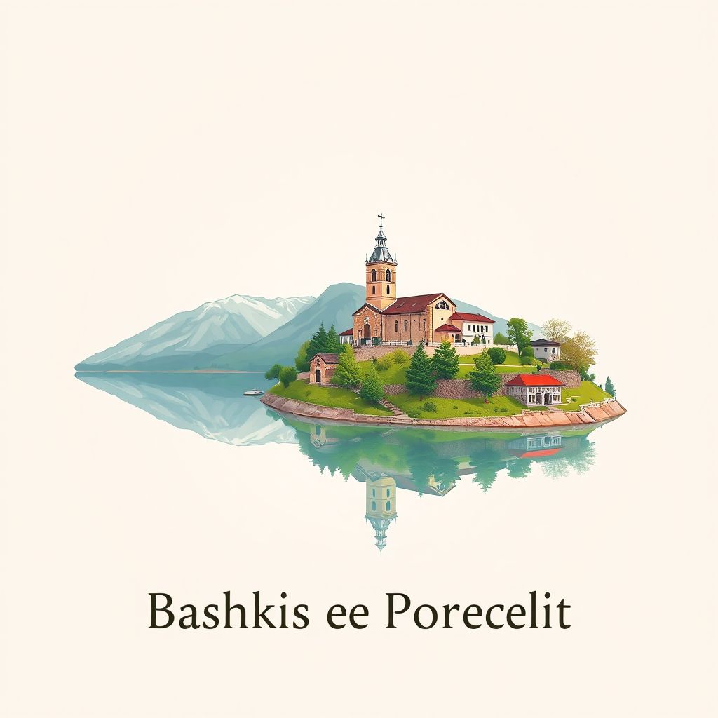Ultra-high-definition gradient illustration of Bashkia e Pogradecit, featuring Drilon Lake and the Church of Saint Stephen.