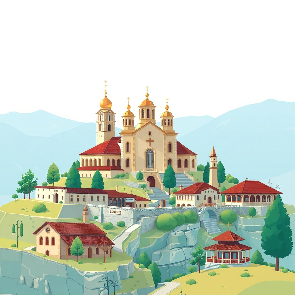 Ultra-high-definition gradient illustration style Komuna e Pirgut illustration, showing the unique charm of the Church of Saint Mary in Maliq, the Korce Ethnographic Museum.