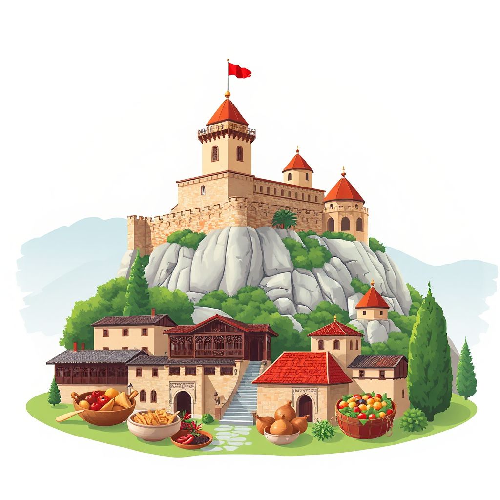 Ultra-high-definition gradient illustration style Komuna e Picarit illustration, showing the unique charm of the Gjirokaster Castle and the Ethnographic Museum.