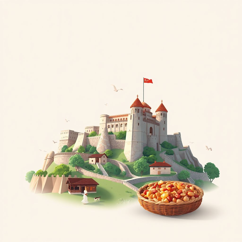 Ultra-high-definition gradient illustration style Bashkia e Peshkopise illustration, showing the unique charm of the Peshkopi Castle and Tavë Kosi.