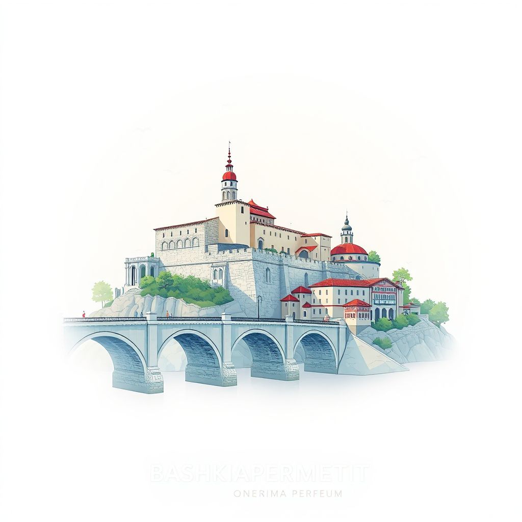 Ultra-high-definition gradient illustration style Bashkia e Permetit illustration, showing the unique charm of the Permet Castle, the Permet Bridge, and the Permet Museum.