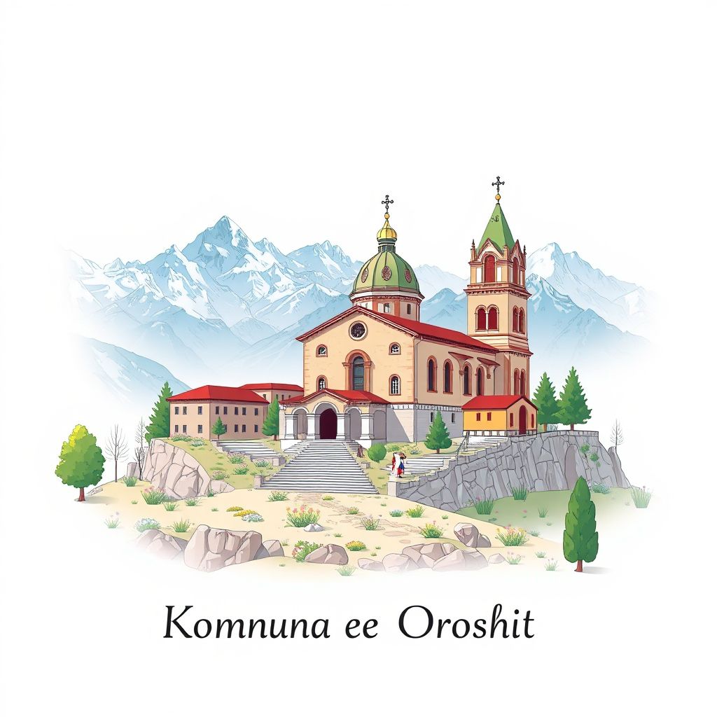 Ultra-high-definition gradient illustration style Komuna e Oroshit illustration, showing the unique charm of the Church of St. Anthony and the Albanian Alps.