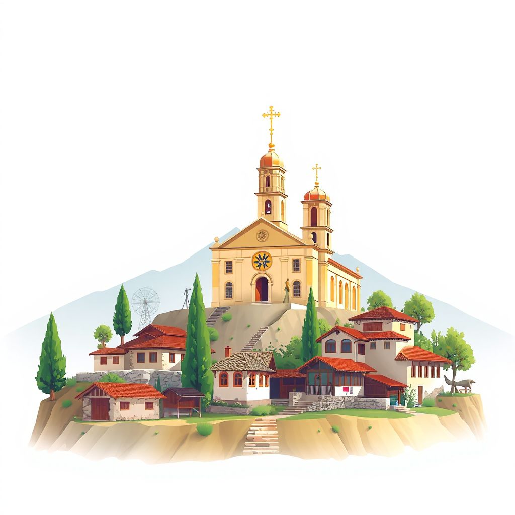 Ultra-high-definition gradient illustration style Komuna e Novoseles illustration, showing the unique charm of the Church of Saint Mary and traditional Albanian village houses.