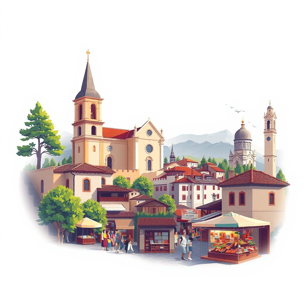 Ultra-high-definition gradient illustration style Komuna e Mollasit illustration, showing the unique charm of the Church of St. Mary and the historic Old Bazaar.