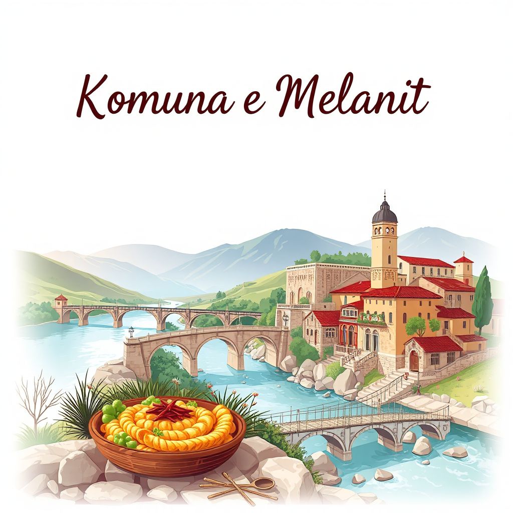Ultra-high-definition gradient illustration style Komuna e Melanit illustration, showing the unique charm of the historic Melan Bridge, the scenic Diber River, and traditional Albanian cuisine.
