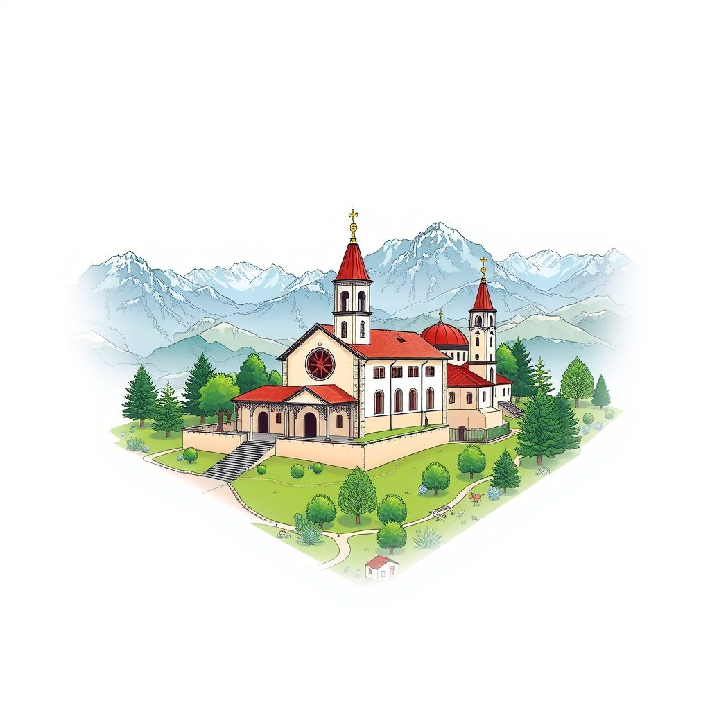 Ultra-high-definition gradient illustration style Komuna e Macukullit illustration, showing the unique charm of the historic churches and the Albanian Alps.