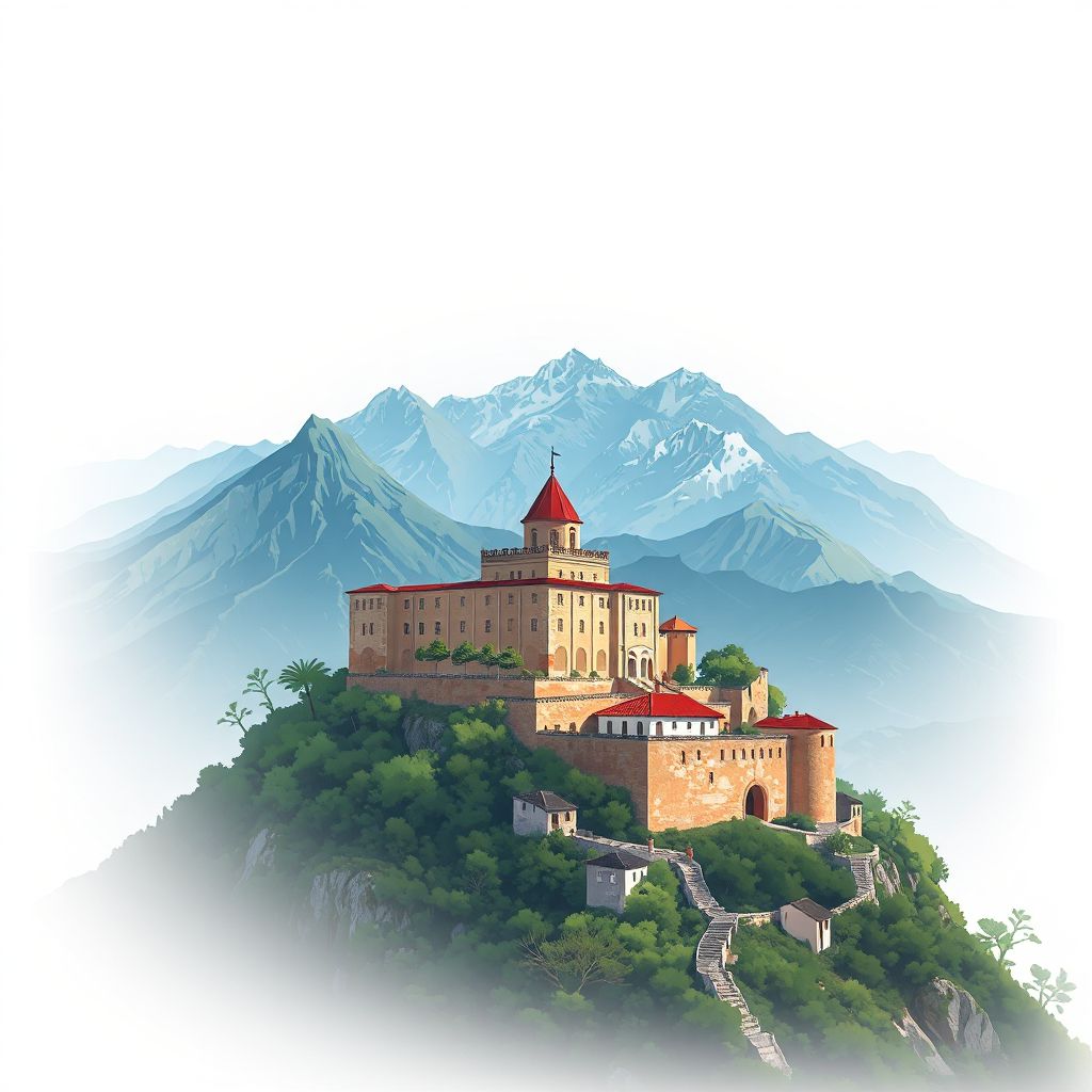 Ultra-high-definition gradient illustration style Komuna e Lunikut illustration, showing the unique charm of the Lunik Castle and the surrounding mountains.