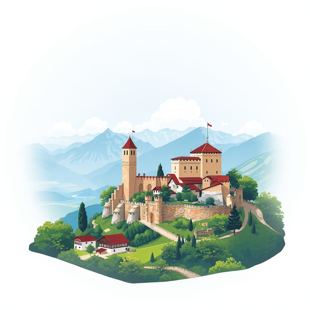 Ultra-high-definition gradient illustration style Komuna e Llugajt illustration, showing the unique charm of the Tropoja Castle and the Valbona Valley.