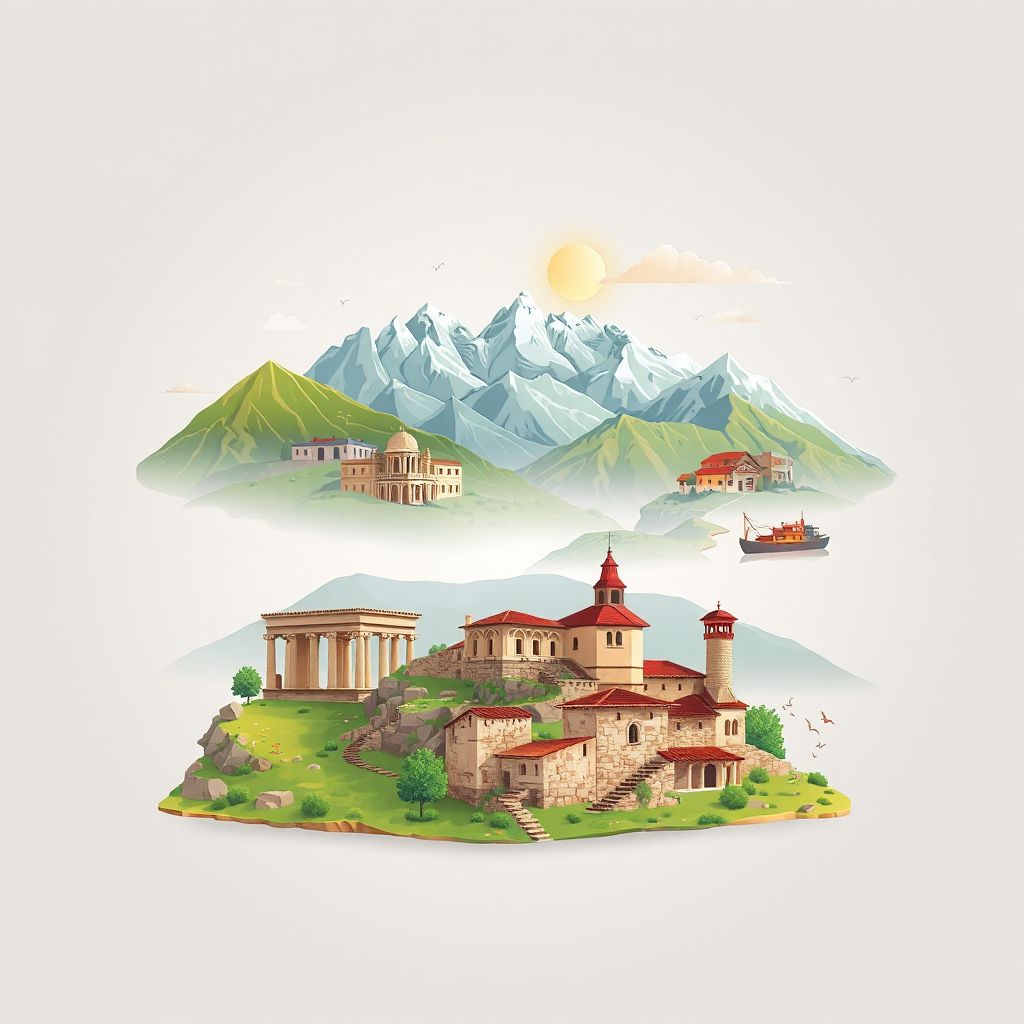 Ultra-high-definition gradient illustration style Komuna e Leniasit illustration, showing the unique charm of the historic ruins of ancient settlements, the picturesque landscapes of the surrounding mountains.