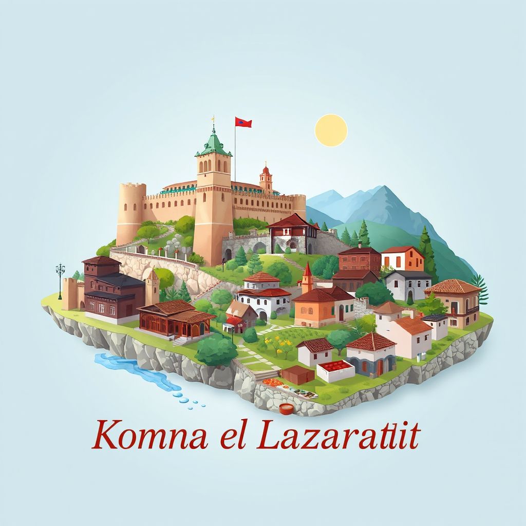 Ultra-high-definition gradient illustration style Komuna e Lazaratit illustration, showing the unique charm of the Gjirokaster Castle, traditional stone houses, and Tavë Kosi.