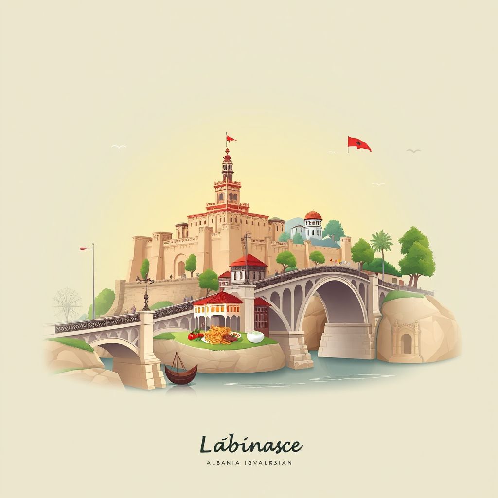 Ultra-high-definition gradient illustration of Komuna e Labinotit Fushe, featuring the Elbasan Castle and Labinotit Bridge.