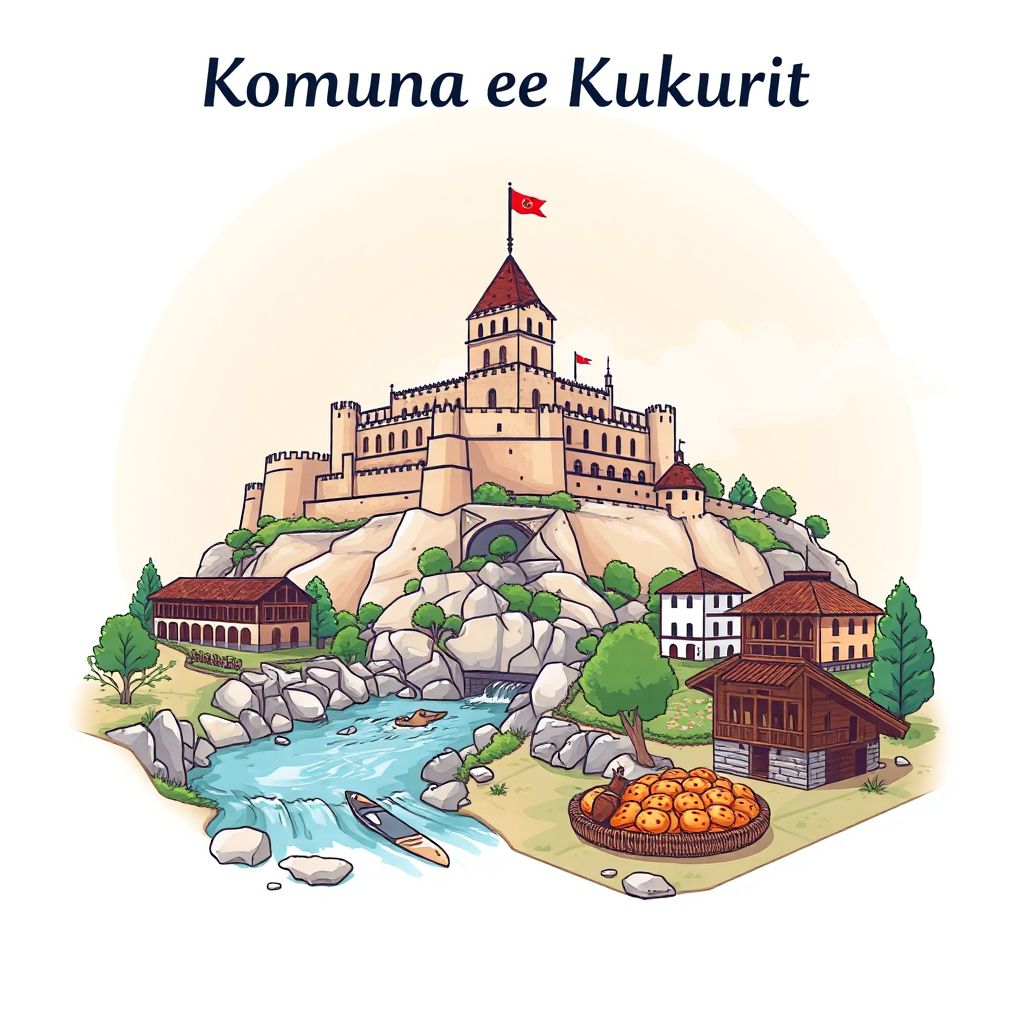 Ultra-high-definition gradient illustration style Komuna e Kukurit illustration, showing the unique charm of the historic Kukurit Castle and the scenic Kukurit River.