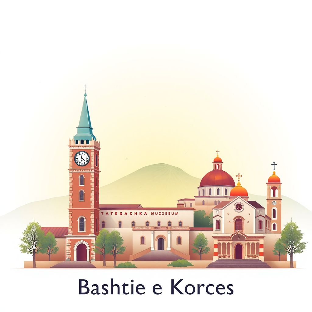 Ultra-high-definition gradient illustration style Bashkia e Korces illustration, showing the unique charm of the Korce Clock Tower, the Ethnographic Museum, and the Church of Saint George.