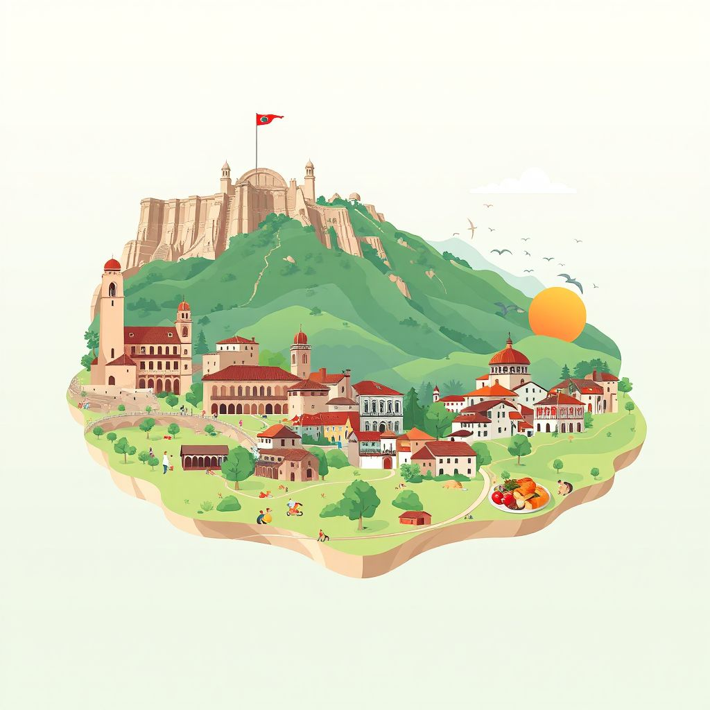Gradient illustration of Komuna e Trebishtes, featuring the historic village of Trebishti and traditional Albanian cuisine.