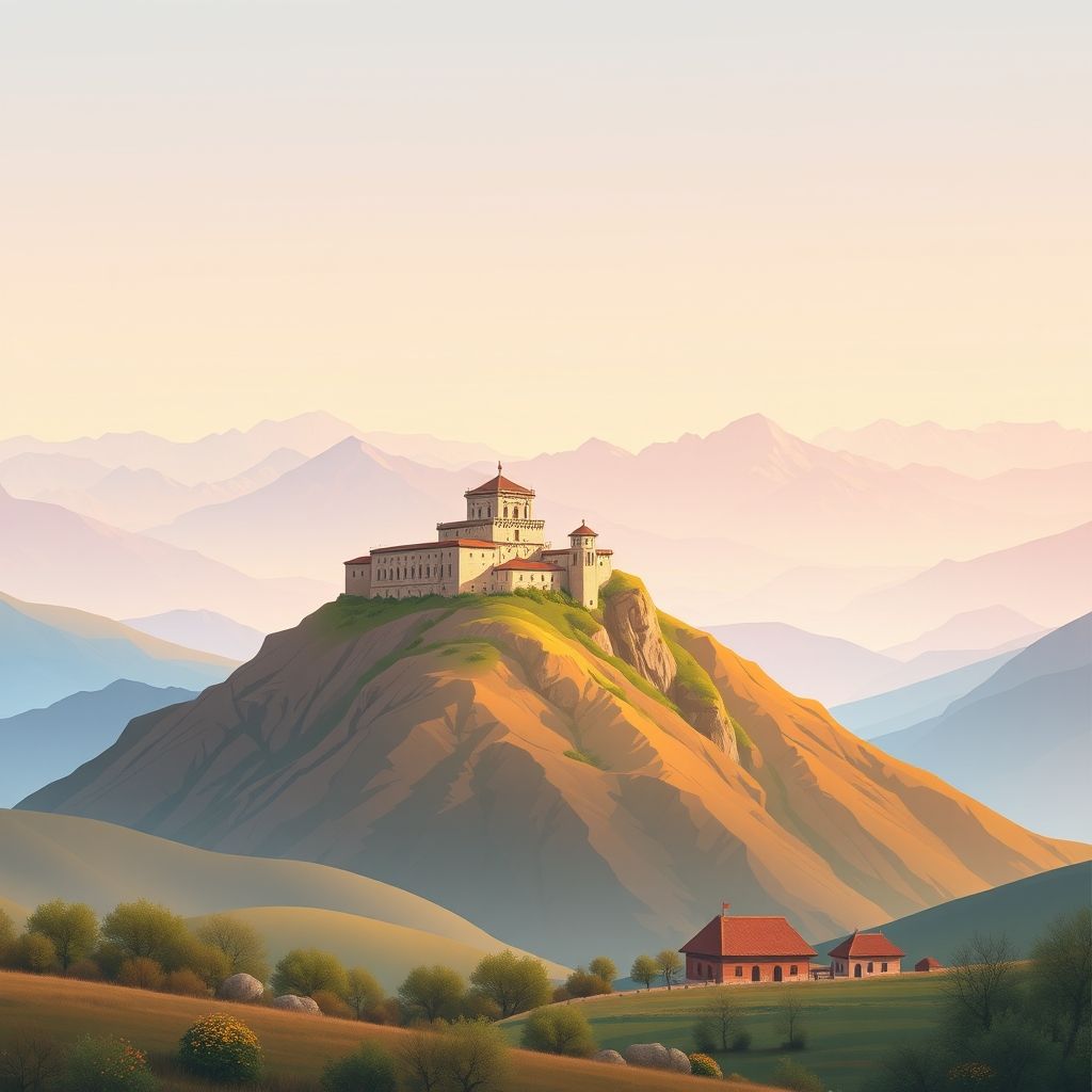 Ultra-high-definition gradient illustration of Kukes County, Albania, featuring Kukes Castle, the Albanian Alps, and traditional food tave kosi.