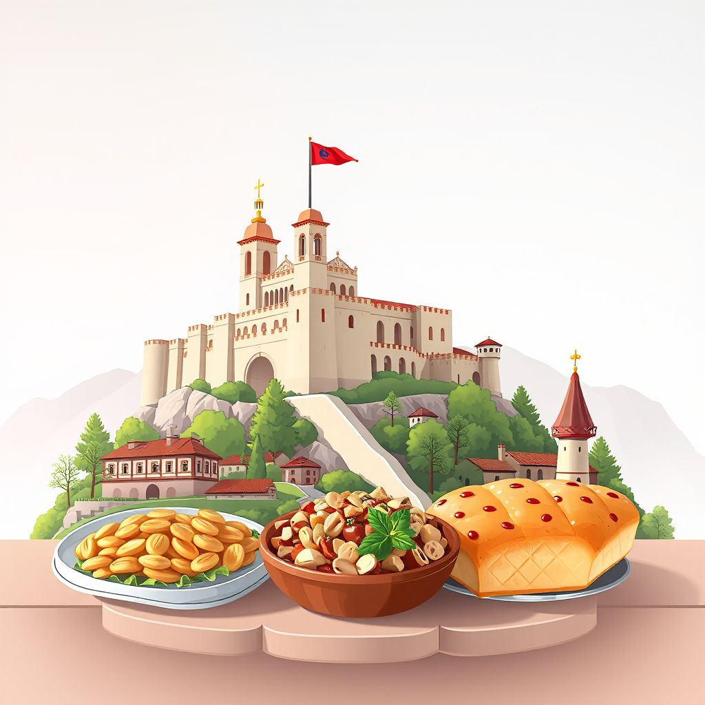 Ultra-high-definition gradient illustration style Komuna e Luznit illustration, showing the unique charm of the Diber Castle and traditional Albanian cuisine, such as Fëgesë.