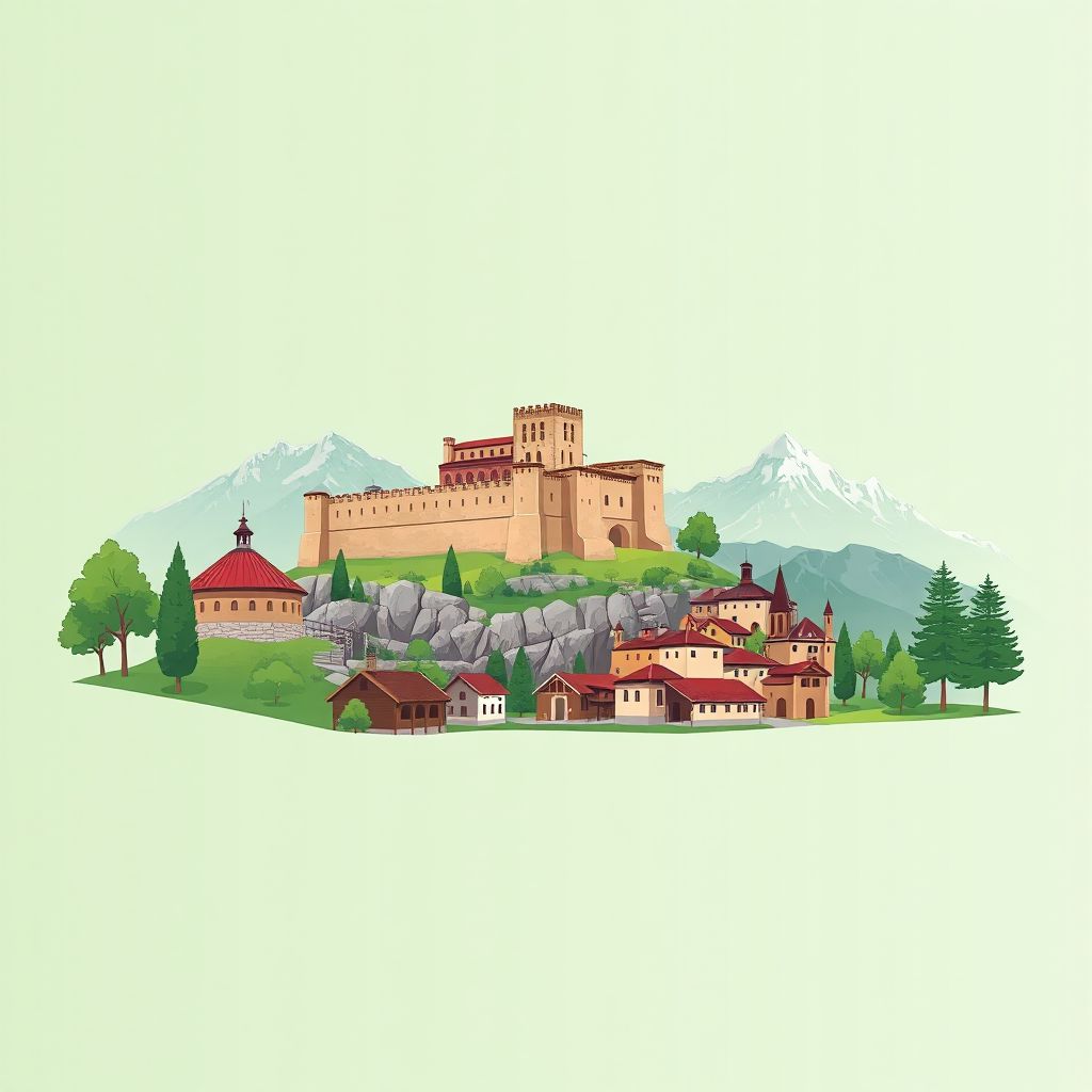 Ultra-high-definition gradient illustration style Komuna e Kastriotit illustration, showing the unique charm of the Diber Castle and the Dibër Mountains.