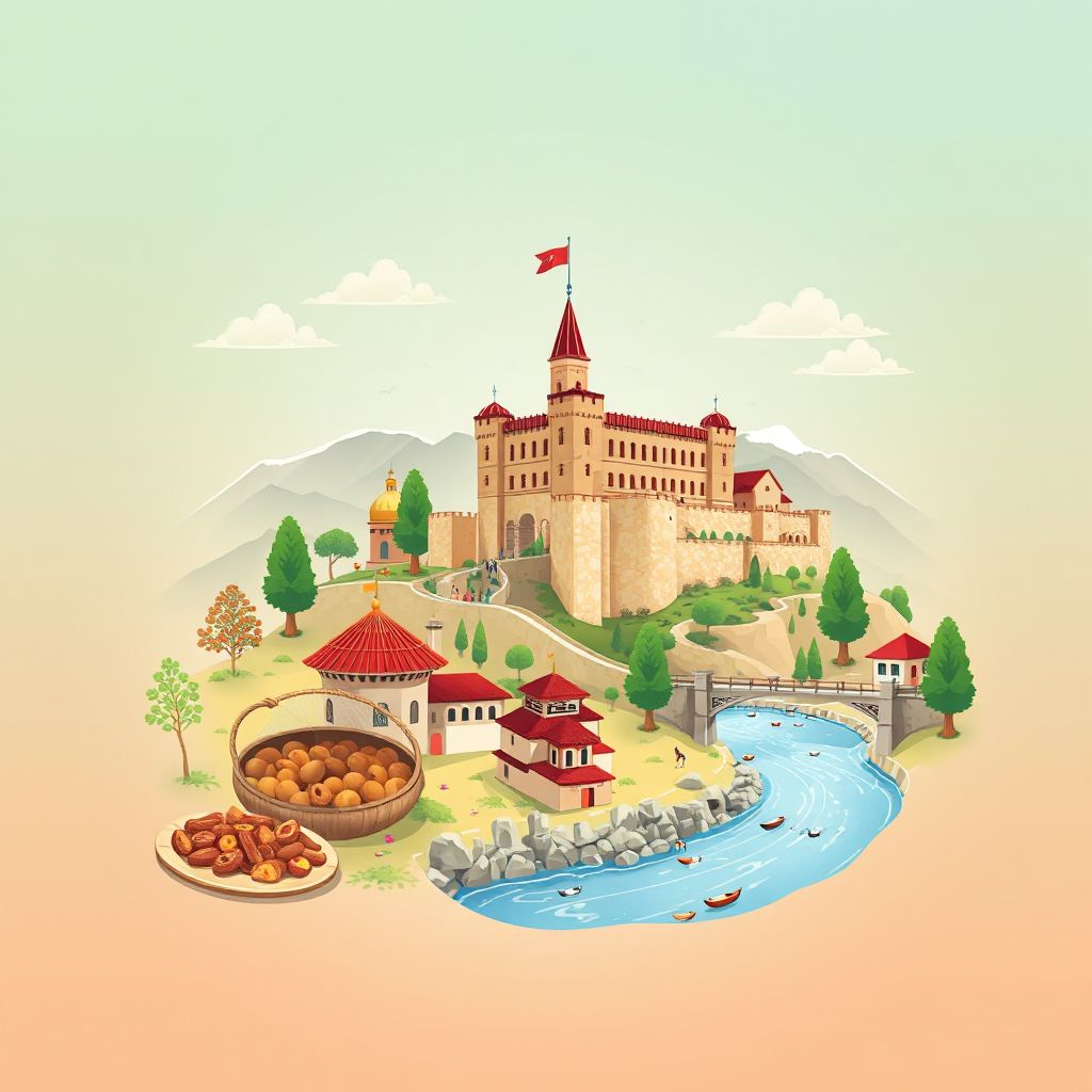 Ultra-high-definition gradient illustration style image of Komuna e Kalisit, featuring the Kukes Castle, the Drin River, and traditional Albanian cuisine.