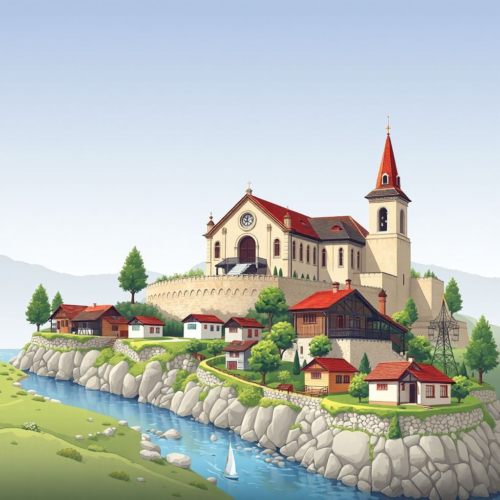 Ultra-high-definition gradient illustration style Komuna e Hocishtit illustration, showing the unique charm of the Church of Saint Mary, the Devoll River, and traditional Albanian houses.