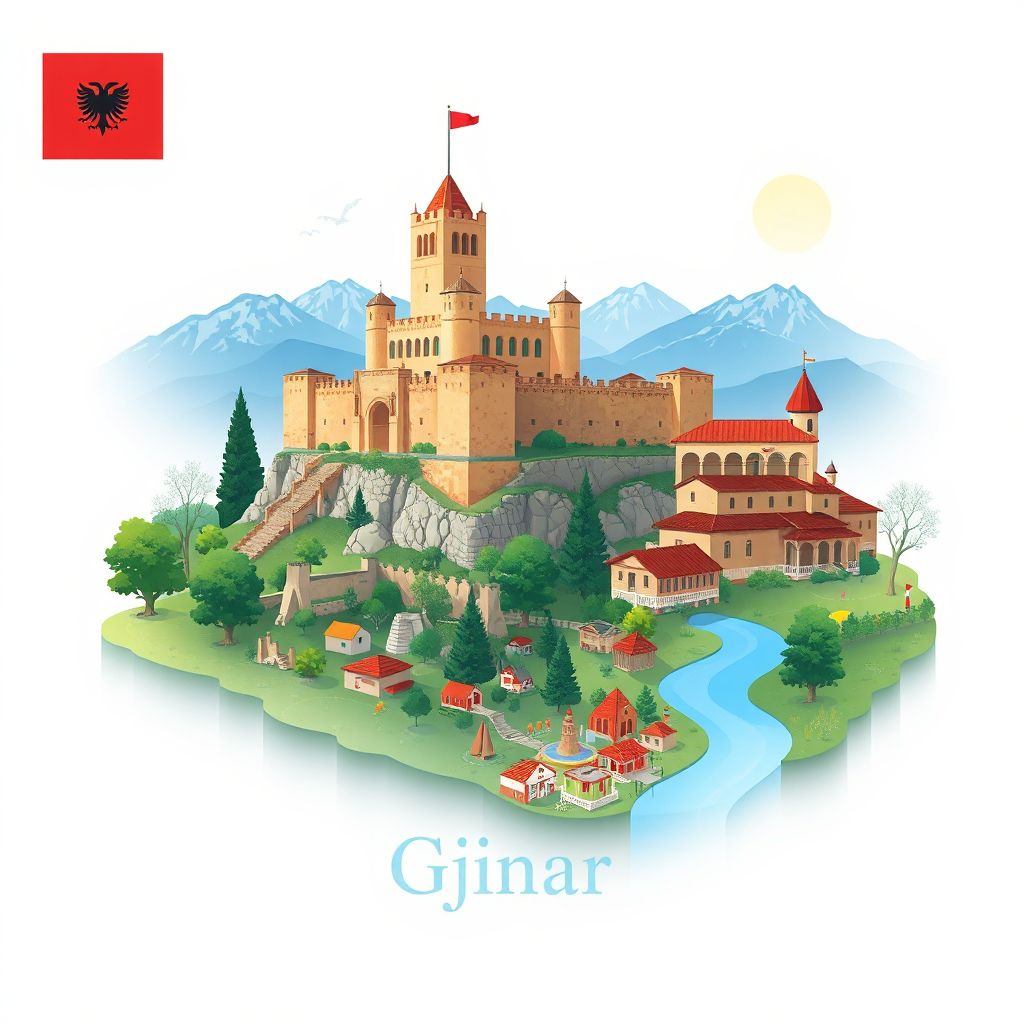 Ultra-high-definition gradient illustration style Gjinar illustration, showing the unique charm of the Gjinar Castle and the Shebenik-Jabllanice National Park.