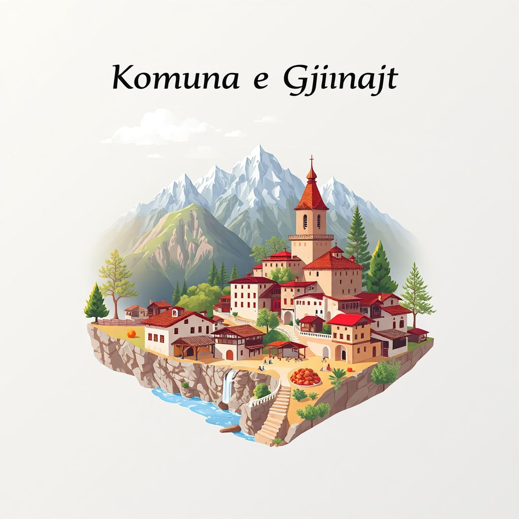 Ultra-high-definition gradient illustration style Komuna e Gjinajt illustration, showing the unique charm of the historic village of Gjinaj and the Albanian Alps.