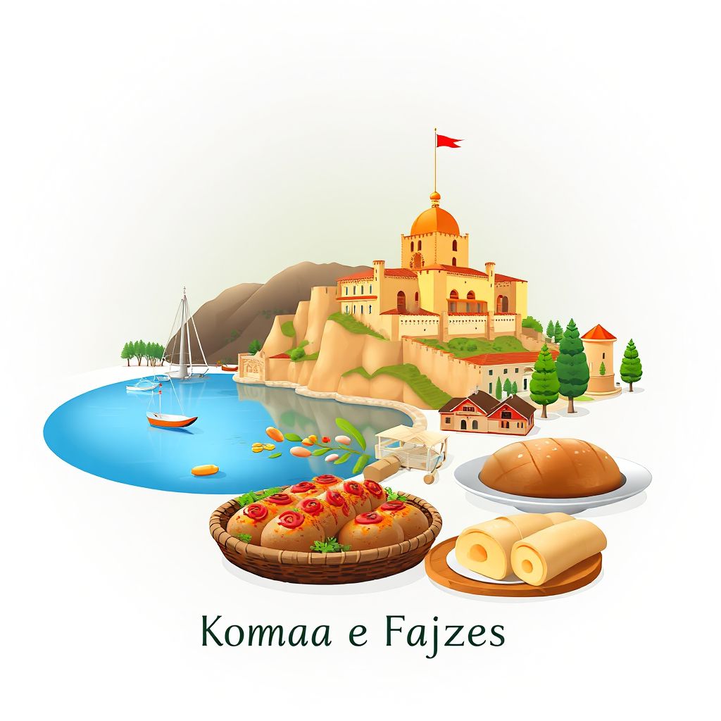 Ultra-high-definition gradient illustration style Komuna e Fajzes illustration, showing the unique charm of the Kukes Castle, Kukes Lake, and traditional Albanian cuisine.