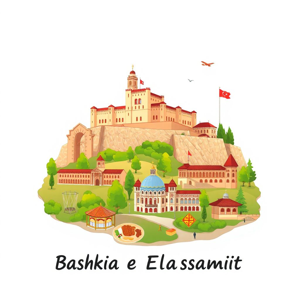 Ultra-high-definition gradient illustration style Bashkia e Elbasanit illustration, showing the unique charm of the Elbasan Castle, the Ethnographic Museum, and Tavë Kosi.