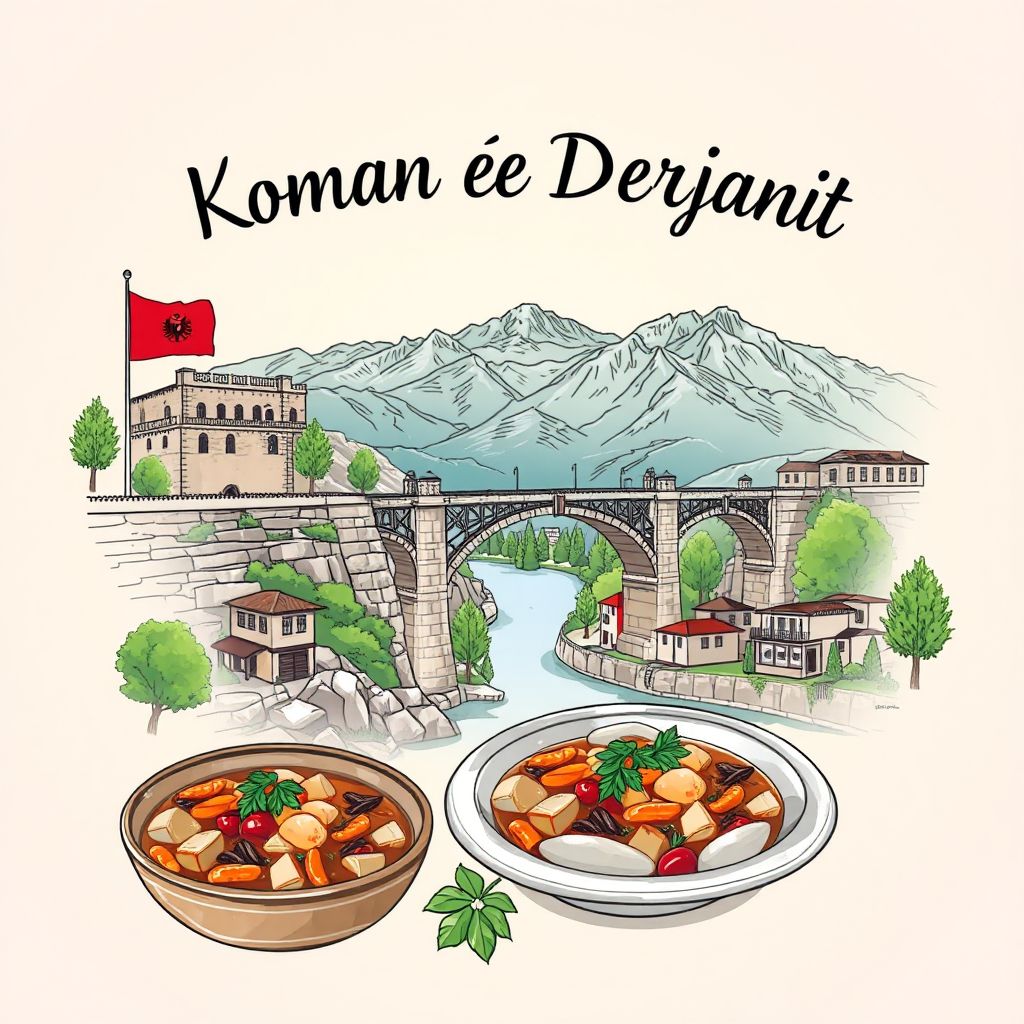 Gradient illustration of Komuna e Derjanit, featuring the Derjanit Bridge, mountains, and traditional Albanian cuisine.