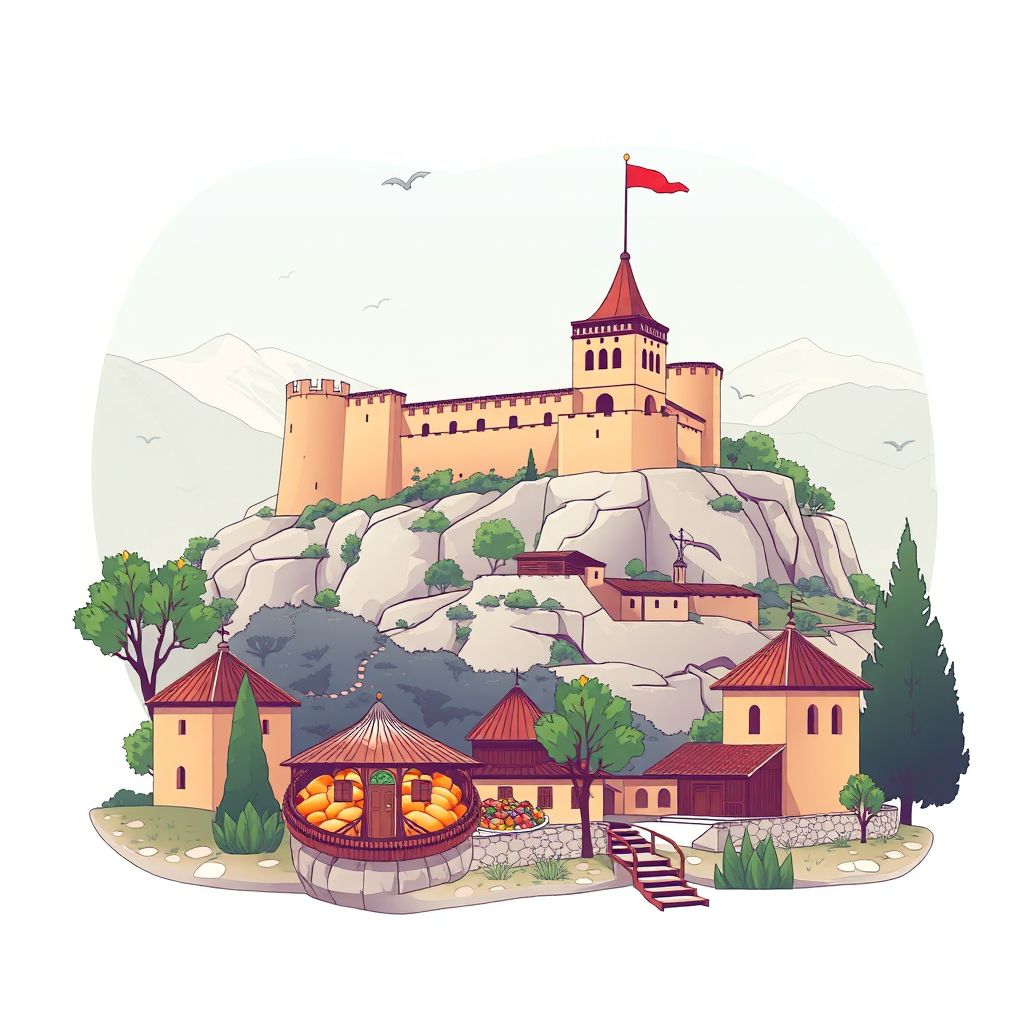 Ultra-high-definition gradient illustration style Bashkia e Corovodes illustration, showing the unique charm of the Corovode Castle and traditional Albanian cuisine.