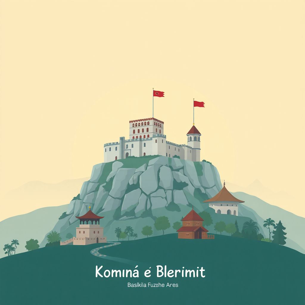 Ultra-high-definition gradient illustration style Komuna e Blerimit illustration, showing the unique charm of the Rozafa Castle and Tavë Kosi.
