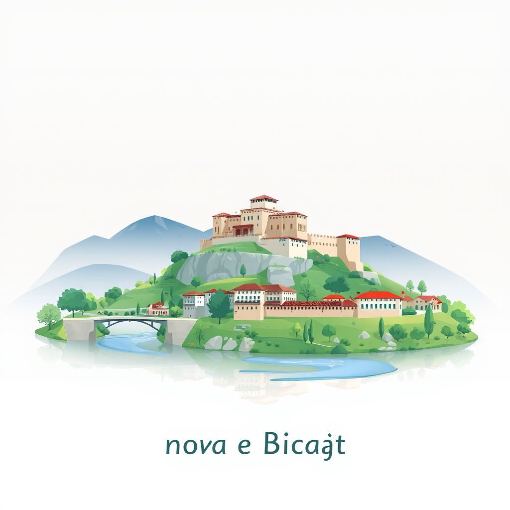 Ultra-high-definition gradient illustration style image of Komuna e Bicajt, featuring Kukes Castle and the Drin River.