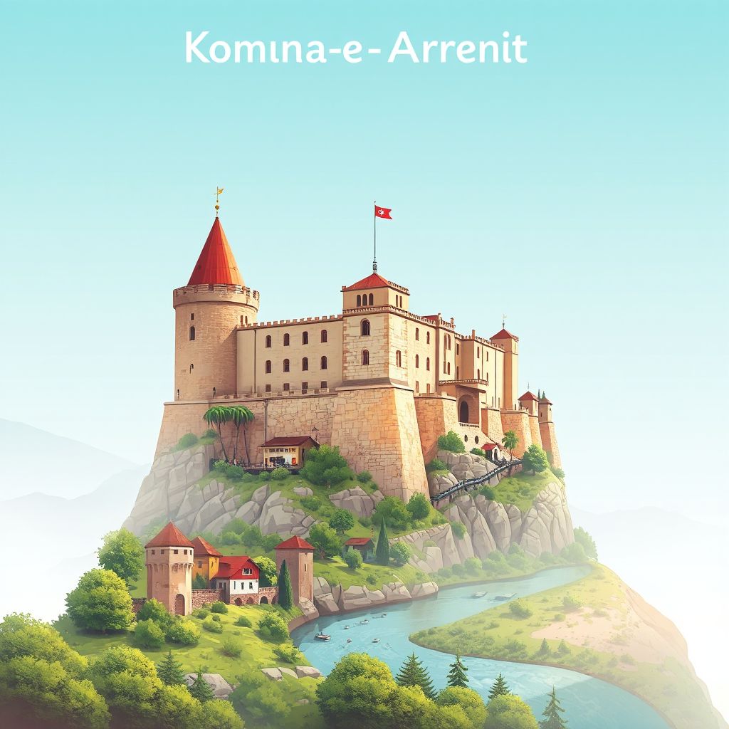 Ultra-high-definition gradient illustration style Komuna e Arrenit illustration, showing the unique charm of the Kukes Castle and the Drin River.