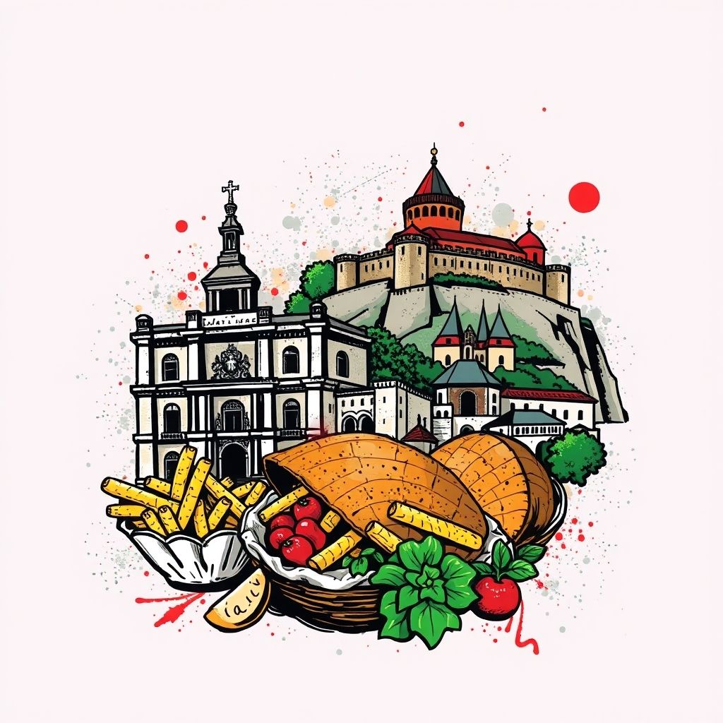 Graffiti-style illustration of Albania featuring Skanderbeg Square, Berat Castle, and traditional food tavë kosi.