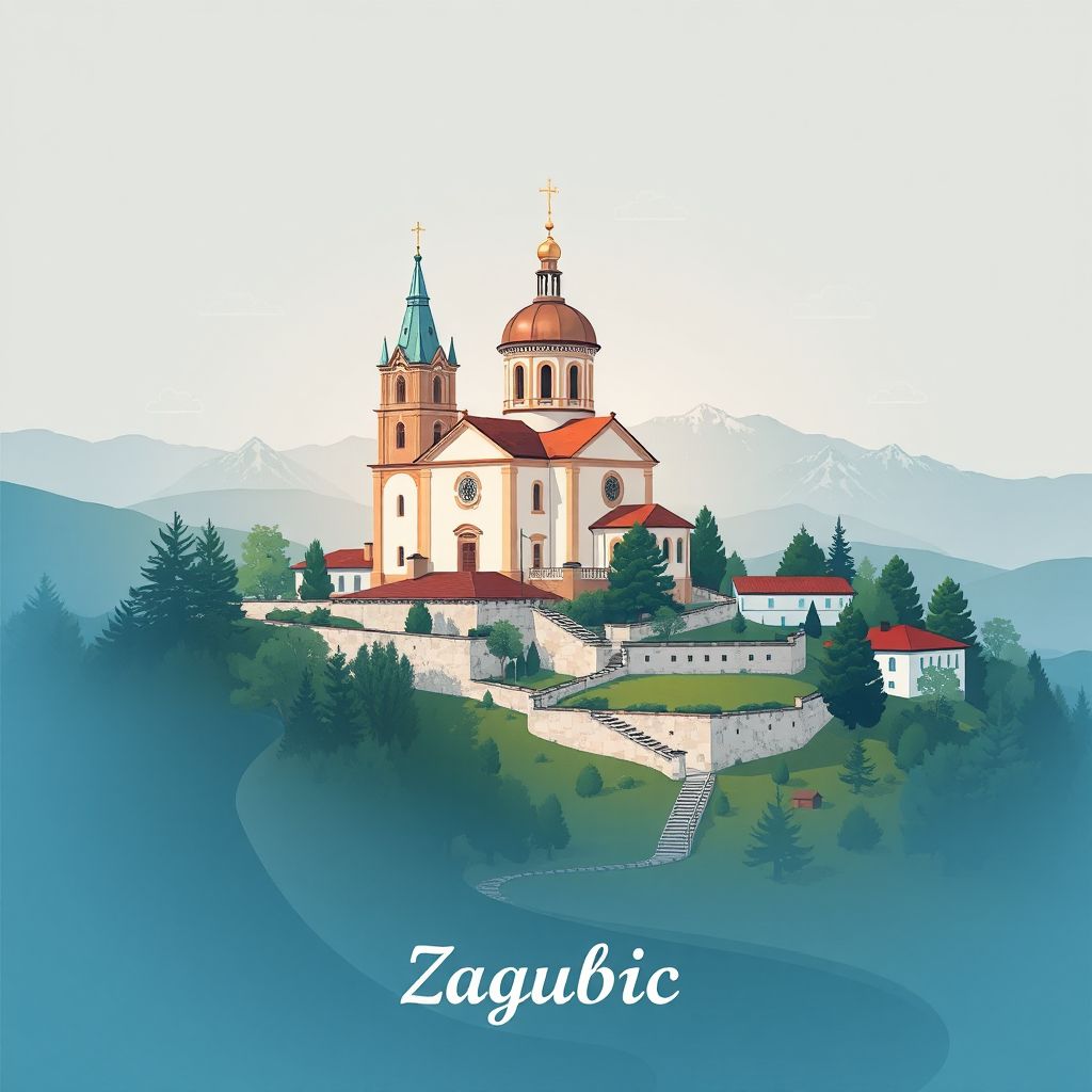 Ultra-high-definition gradient illustration style image of Opstina Zagubica, featuring the Church of St. Nicholas and Branicevo landscapes.