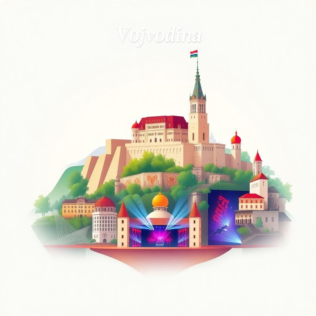 Ultra-high-definition gradient illustration of Vojvodina, Serbia, featuring the Petrovaradin Fortress and the Exit Festival.