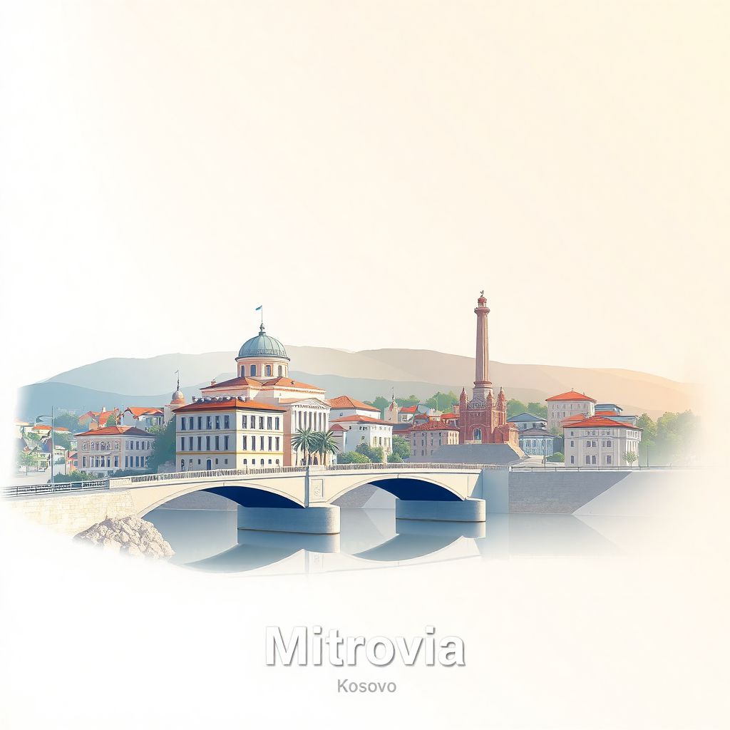 Ultra-high-definition gradient illustration style Mitrovica illustration, showing the unique charm of the New Bridge and the Miner's Monument.
