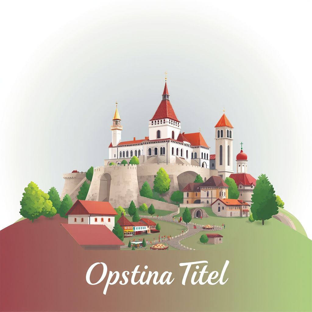 Ultra-high-definition gradient illustration style Opstina Titel illustration, showing the unique charm of the Titel Castle, the Church of St. Nicholas, and traditional Serbian cuisine.