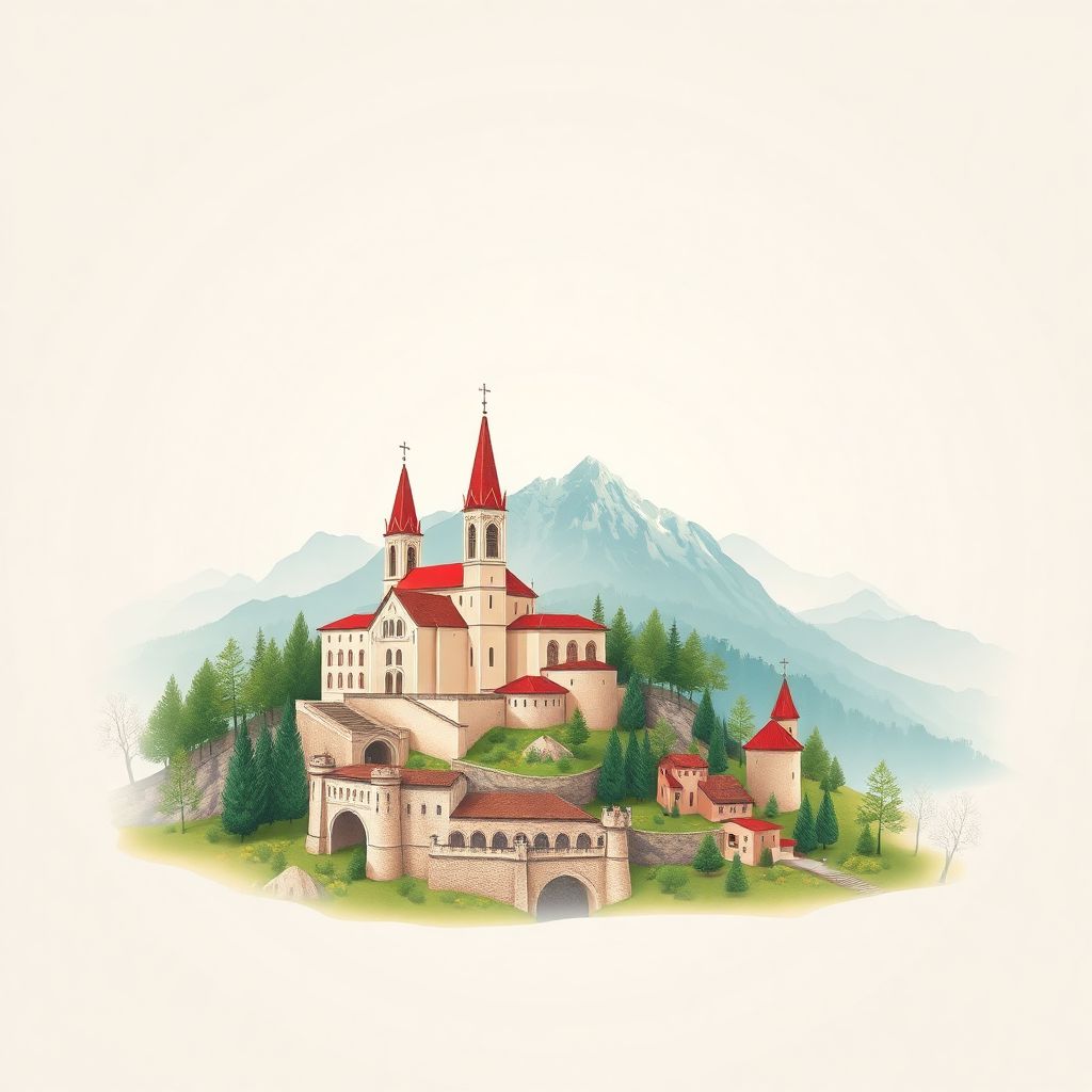 Ultra-high-definition gradient illustration style Central Serbia illustration, showing the unique charm of the Studenica Monastery and the Kopaonik National Park.