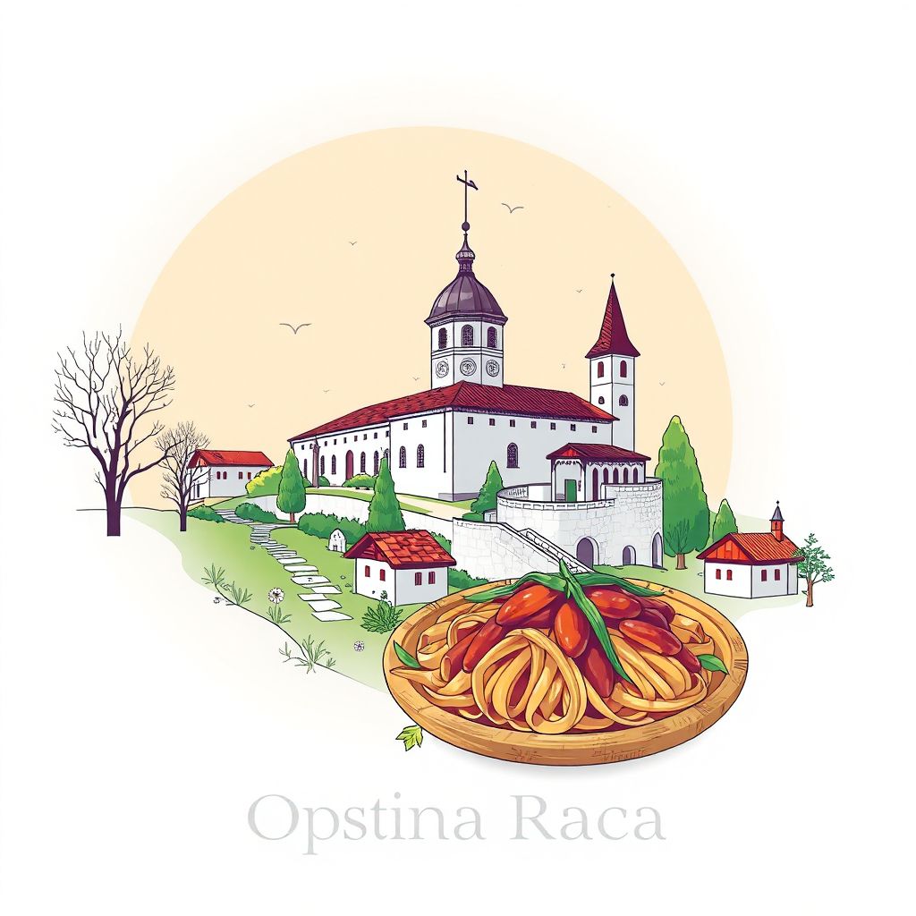 Ultra-high-definition gradient illustration style Opstina Raca illustration, showing the unique charm of the Raca Monastery and traditional cuisine Sarma.