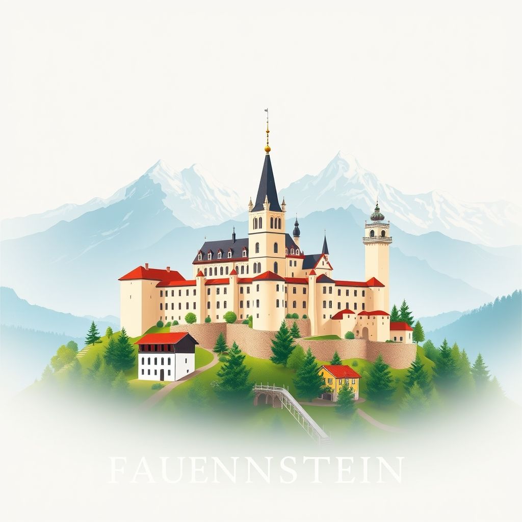 Ultra-high-definition gradient illustration of Frauenstein, Austria, featuring Frauenstein Castle, the Alps, and Kärntner Kasnudeln.