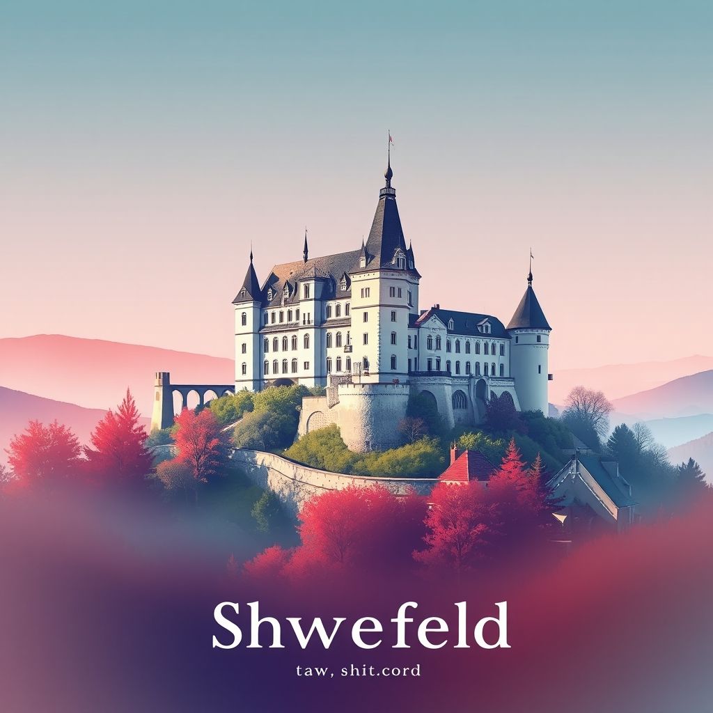 Ultra-high-definition gradient illustration of Schwarzau am Steinfeld, featuring Schwarzau Castle and serene landscapes, highlighting the region's historical and cultural significance.