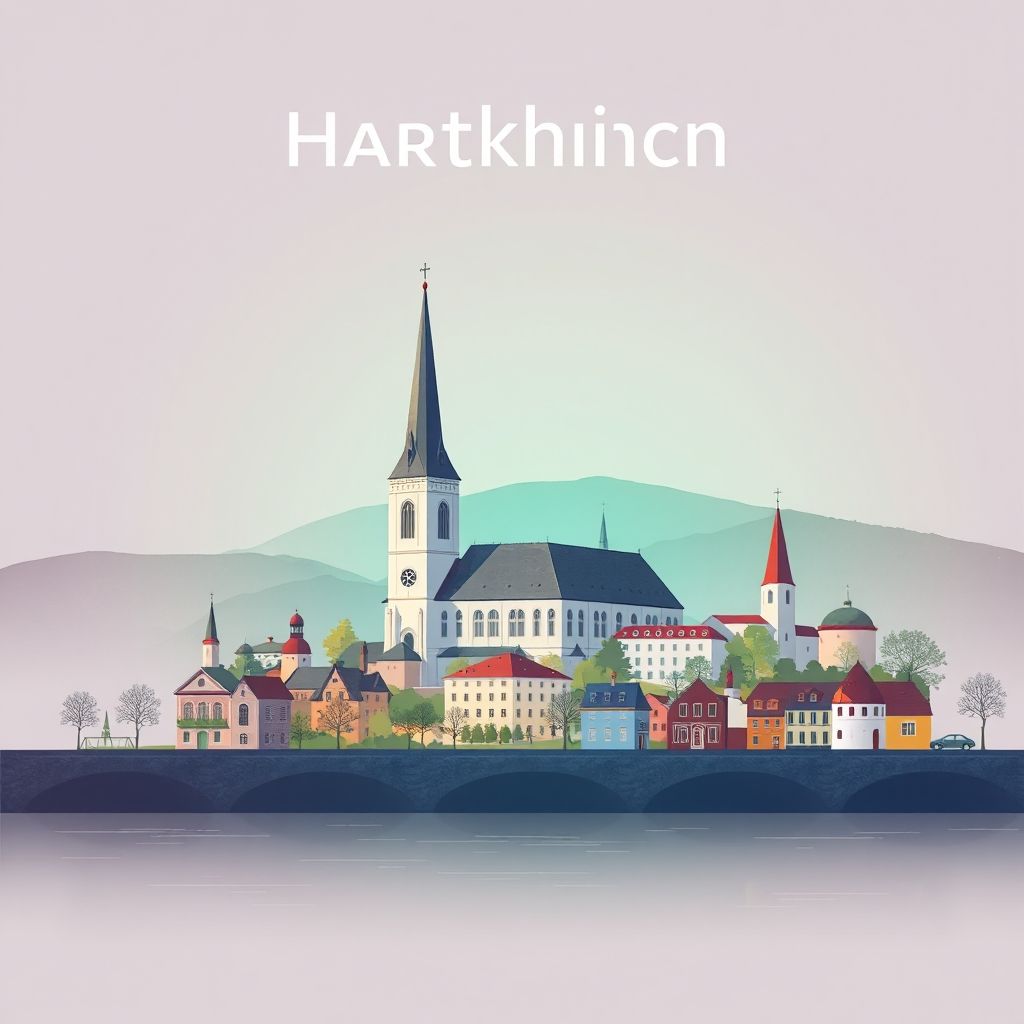 Ultra-high-definition gradient illustration of Hartkirchen featuring the Hartkirchen Parish Church, Danube River, historical culture, and Linzer Torte.