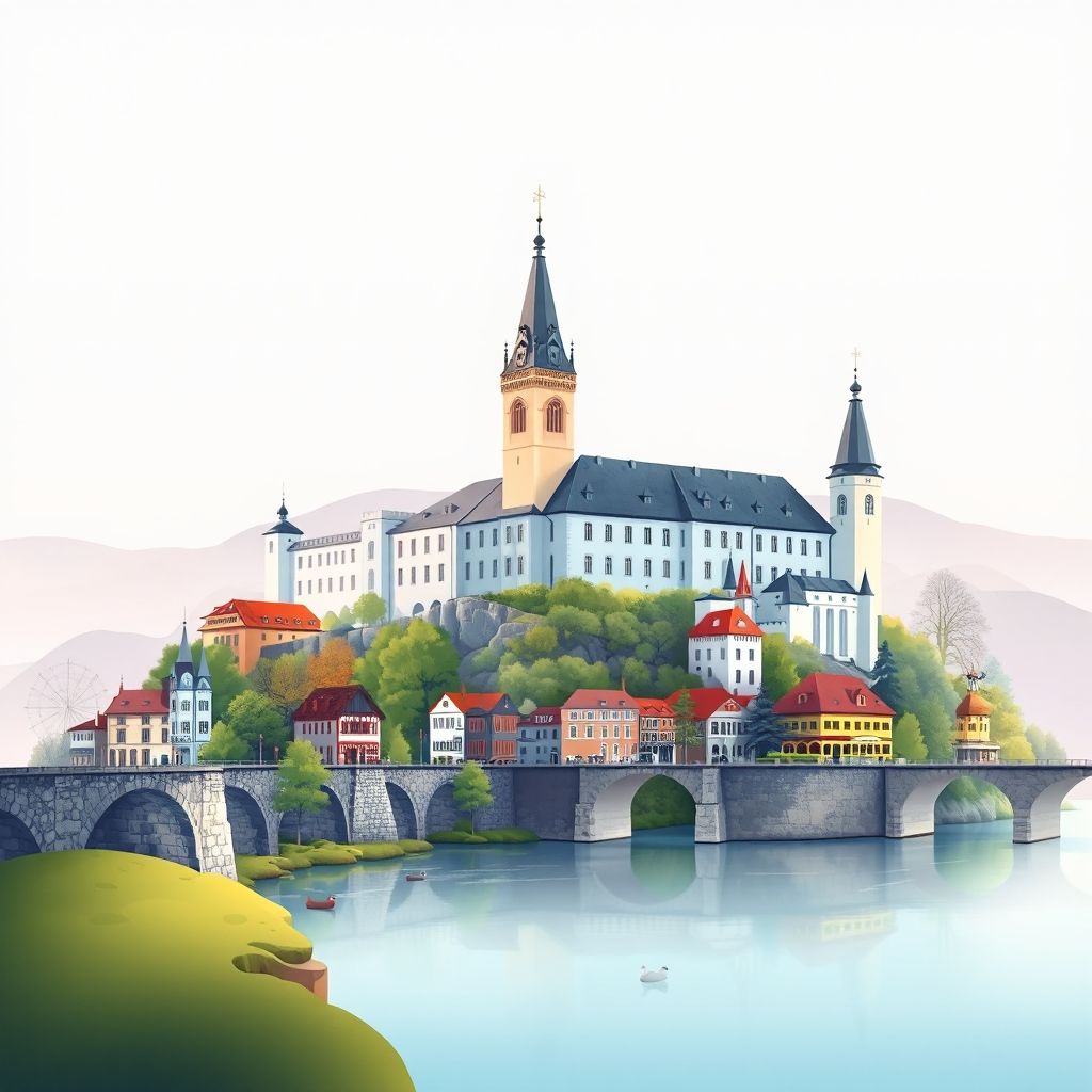 Ultra-high-definition gradient illustration of Hofkirchen im Traunkreis, featuring Hofkirchen Castle, the Traun River, and Linzer torte.