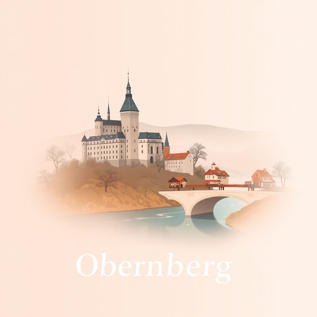 Gradient illustration of Obernberg am Inn with Obernberg Castle, Inn River, and Bauernkrapfen, showcasing the region's unique charm.