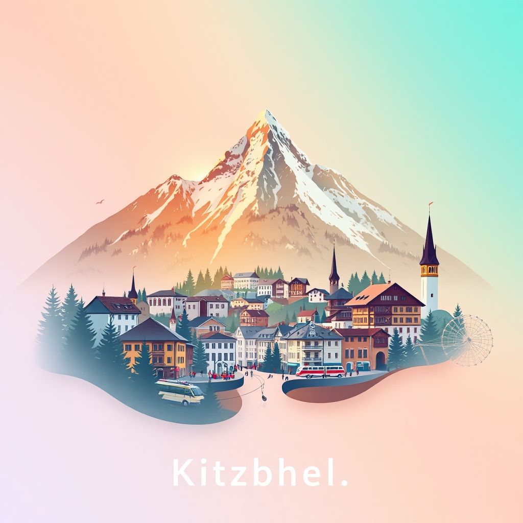 Ultra-high-definition gradient illustration of Kitzbühel, Austria, featuring the Kitzbüheler Horn mountain, historic center, and apple strudel.